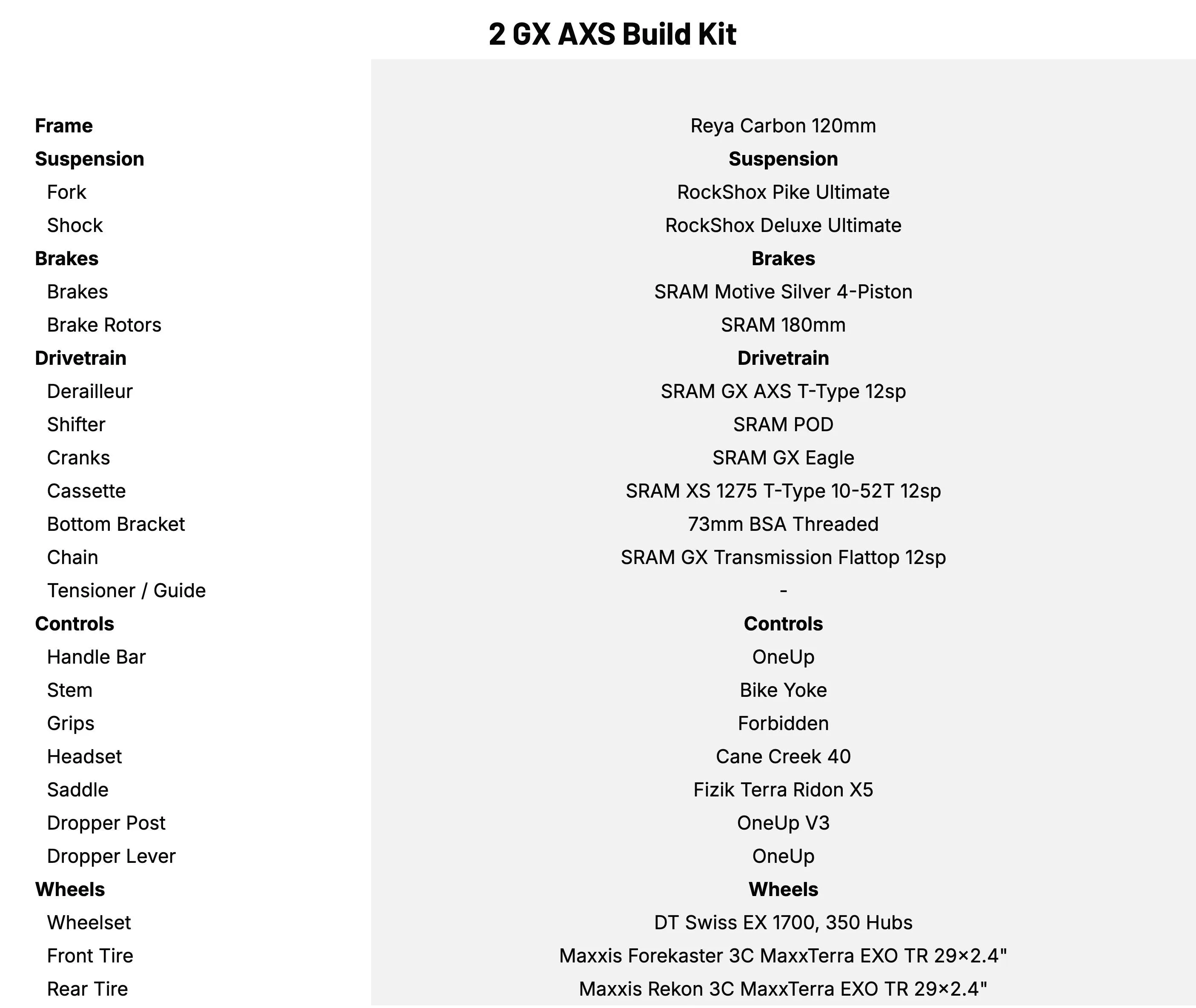 Forbidden Reya 2 GX AXS Build Kit