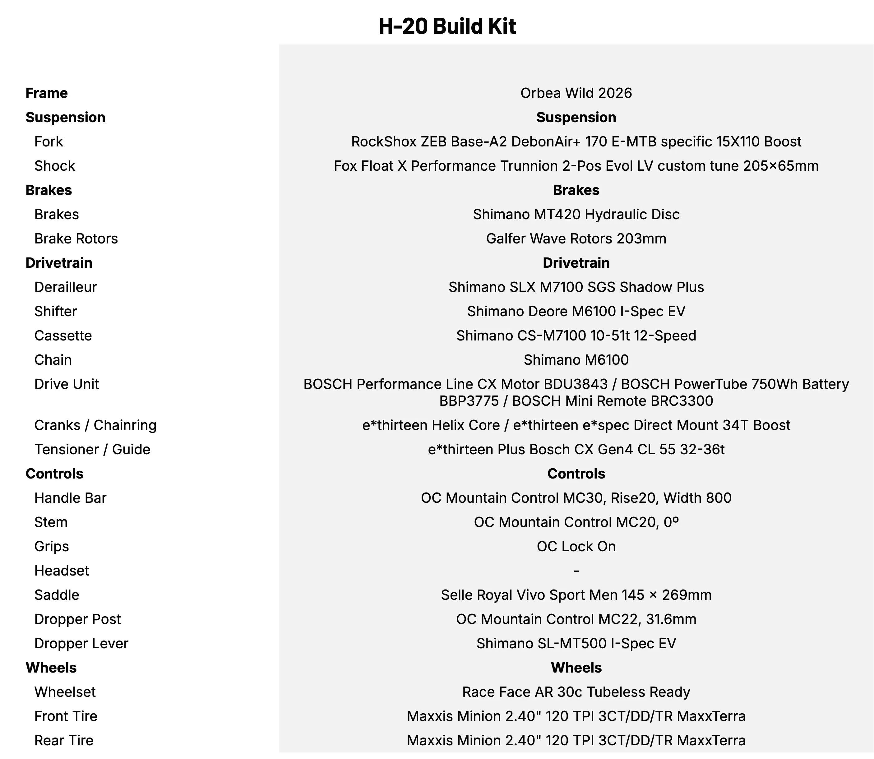 Orbea Wild Aluminum H-20 Build Kit