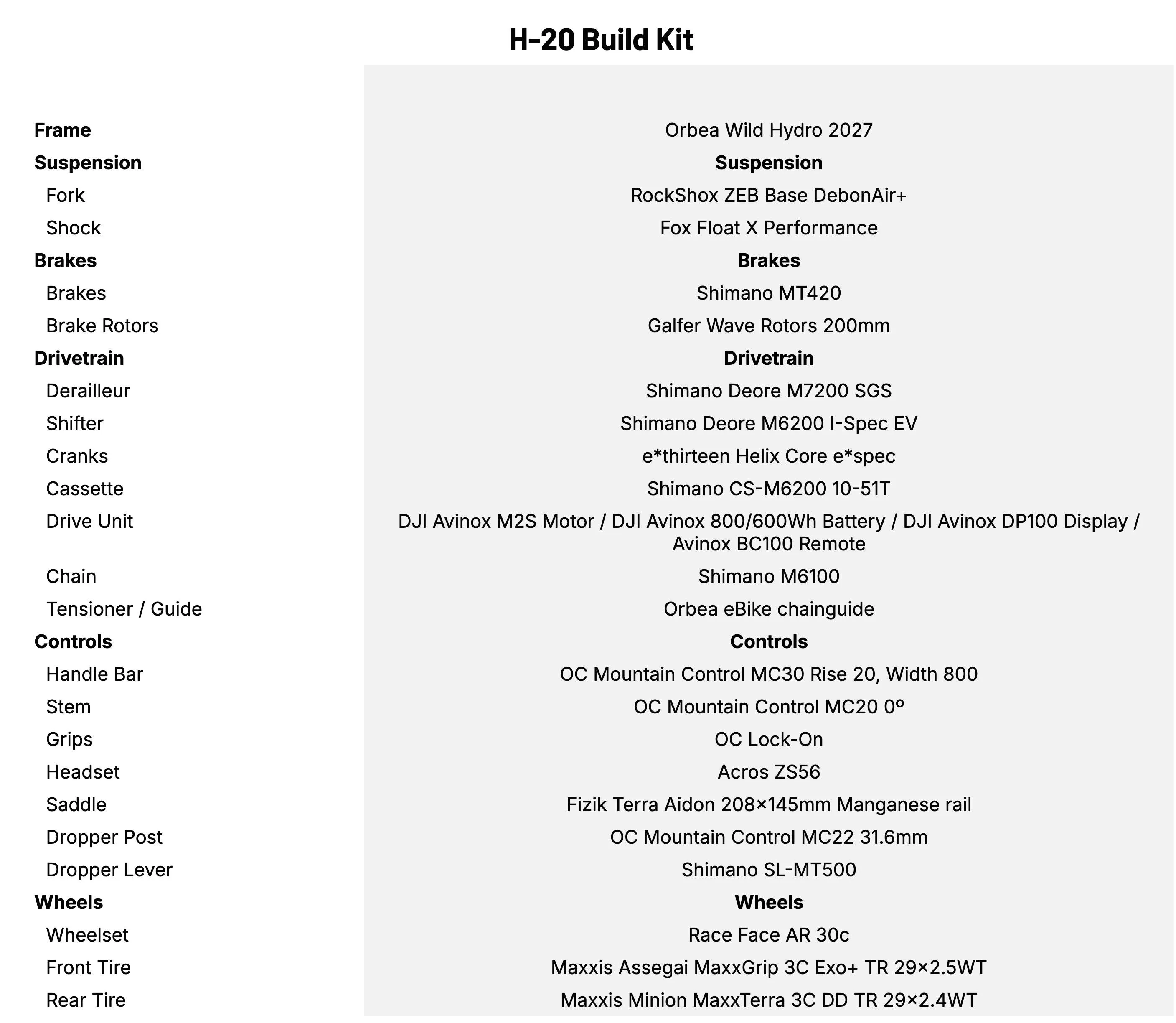 Orbea Wild Aluminium LT 2027 H-20 Build Kit